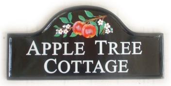 Apples & Blossom - painted by Gerry on a Large Mews Plaque - Font is Times Roman in Capital letters with larger first capital letter on each word