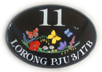Butterflies and wild flowers - Painted for a customer in Malaysia on a New World classic oval base plaque. Font is Tiffany