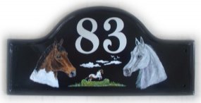 Horse Portraits - Painted on a Large Mews Plaque. Font is called Tiffany. Painted by Jean using the horses photographs as a guide.