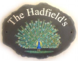 Peacock Sign - Painted by Jean on a Large oval natural plaque.