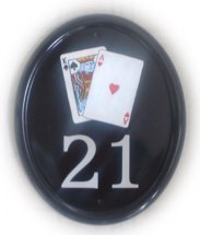 Playing cards sign - The customer requested a 'Winning Hand' in Pontoon -21- painted by Gerry on a Large classic oval house plaque