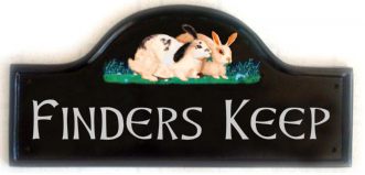 Rabbits Sign - The customer asked for a pictorial of her two rabbits painted on a Large Mews plaque.  The font is called Celtic Hand. Artist - Gerry