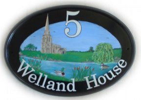 River scene sign - The customers asked for a river with a church, willow tree, bulrushes, mallard duck and grebe, together with the number and House Name. Painted by Gerry on a New World classic oval base plaque. font is Century Schoolbook