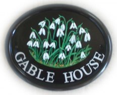 Snowdrops sign - Painted on a large classic oval house plaque by Jean. Font is called Times Roman