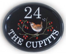 Wren and berries - painted by Jean on a large classic oval base plaque from her own design. Font is Century Schoolbook
