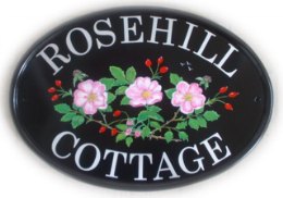 Wild roses and rose hips sign - painted by Jean, Ellams- font is called Century Schoolbook