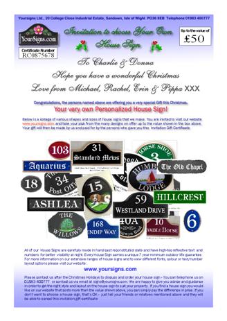 Download and print example gift certificate for house sign